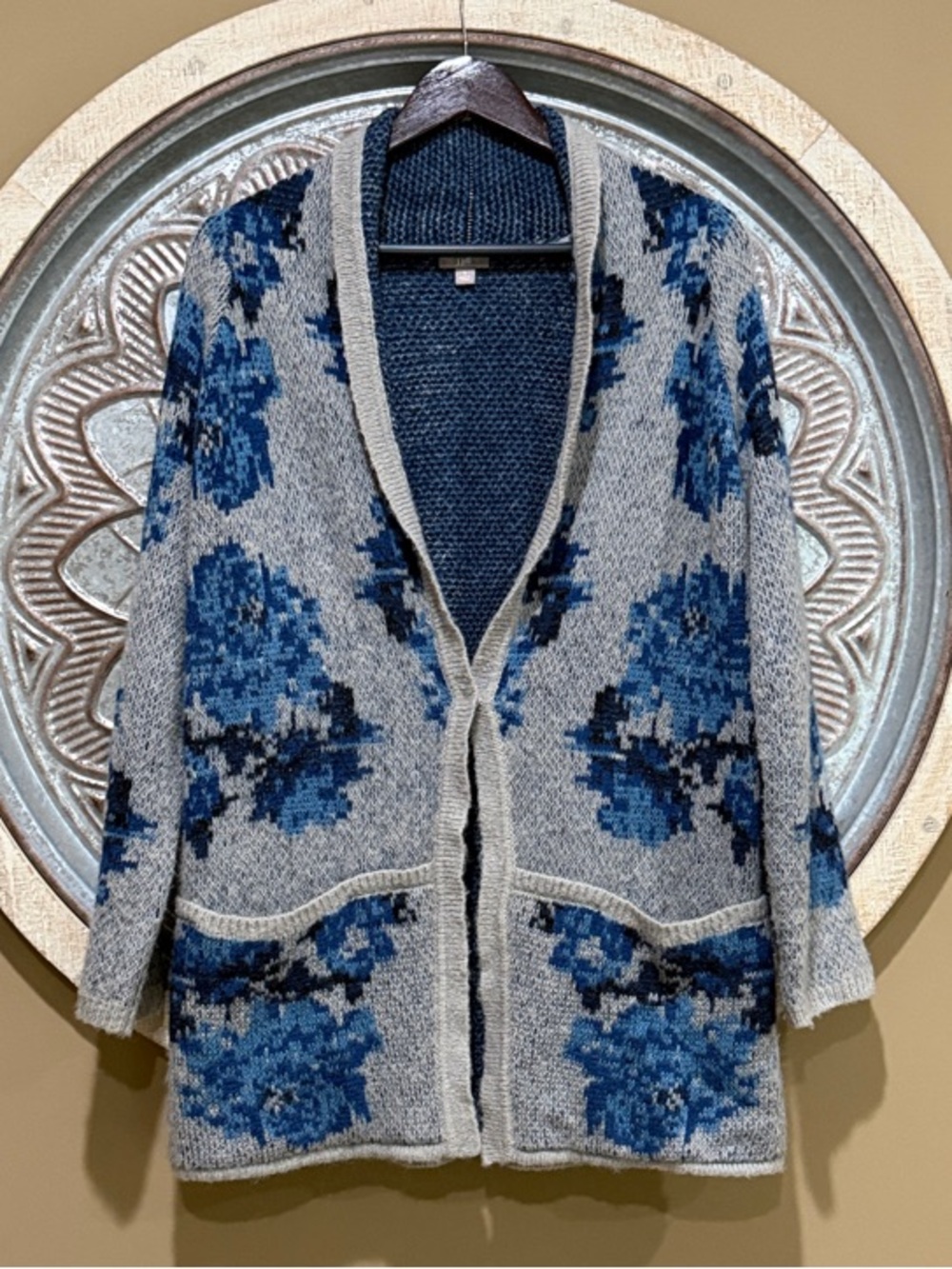J. Jill Wool- Blend Gray Cozy Cardigan with Blue Floral Jacquard & Front Pockets